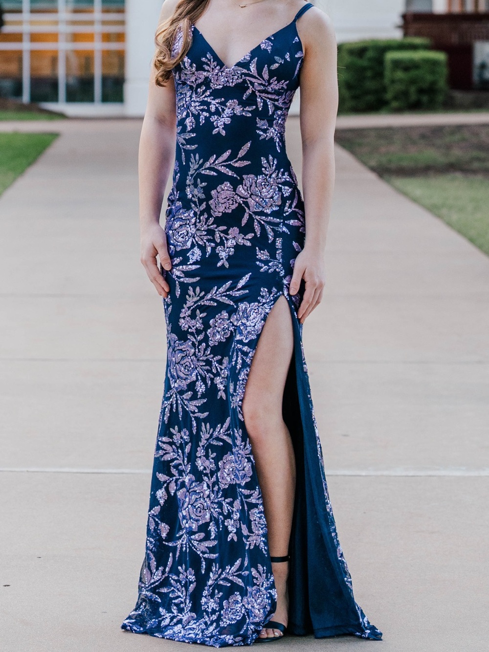 Windsor Navy Evening Gown with Pink Floral Embroidery and Side Slit